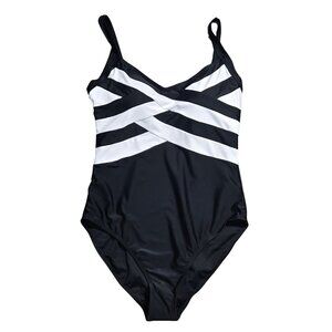 NWT | Aidonger | Black & White Striped Cross-Over One-Piece Swimsuit | Large